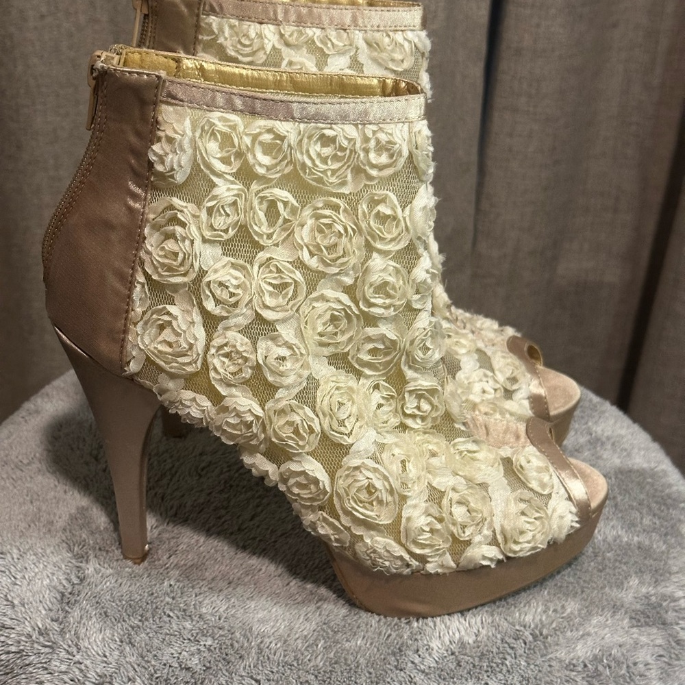 SOLD!!
 Champagne Color Floral Embellish Satin Trimmed Stiletto Peep Toe Bootie